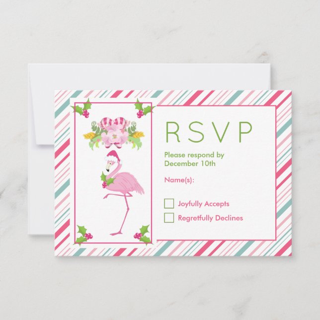 Pink Flamingo Santa Hat Candy Canes and Holly RSVP Card (Front)