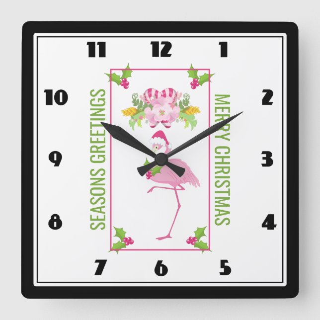Pink Flamingo Santa Hat Candy Canes and Holly Square Wall Clock (Front)