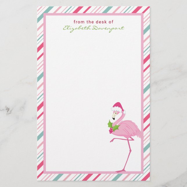 Pink Flamingo Santa Hat Candy Canes and Holly Stationery (Front)