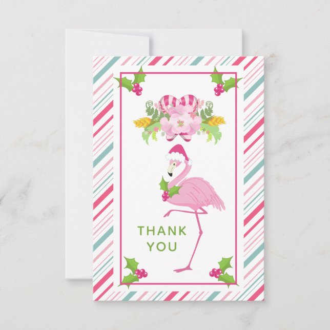Pink Flamingo Santa Hat Candy Canes and Holly Thank You Card (Front)