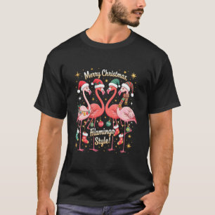 Pink Flamingo Santa Hat Christmas Lights Tropical T-Shirt