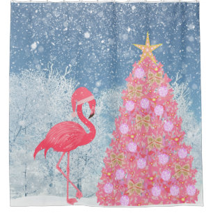 Pink Flamingo Santa Hat Christmas Shower Curtain