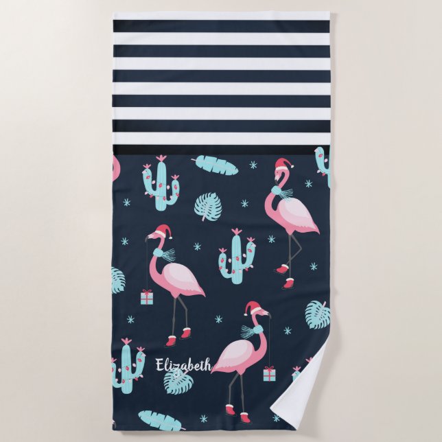 Pink Flamingo Santa Hat Navy Blue Striped  Beach Towel (Front)