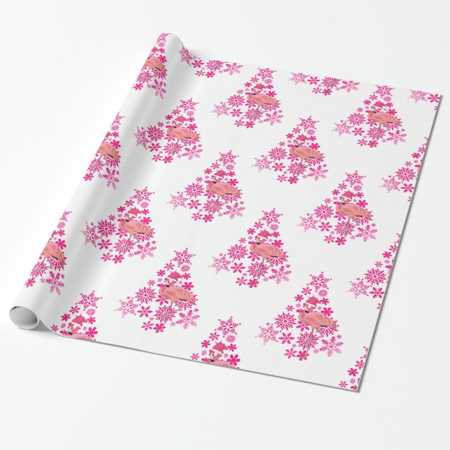 Pink Flamingo Santa Snowflake Christmas Tree Wrapping Paper (Unrolled)