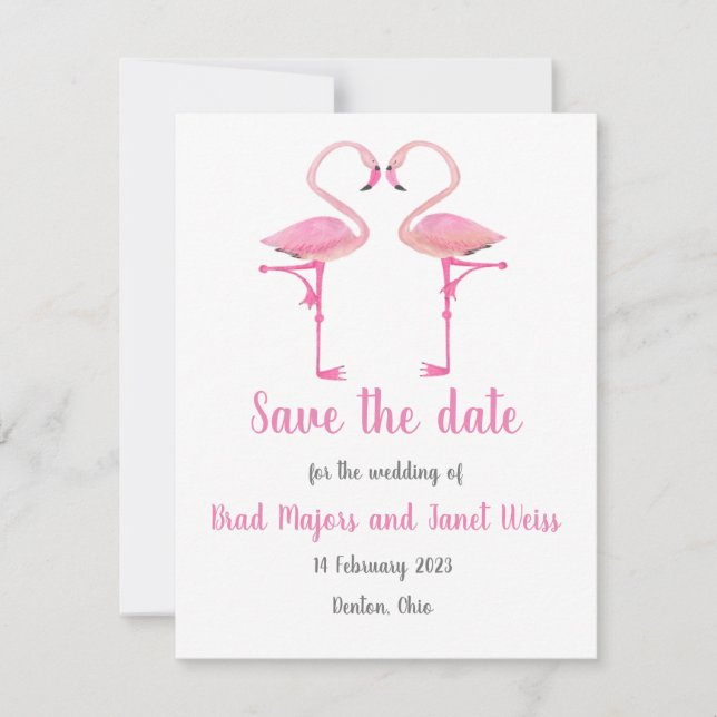 Pink flamingo save the date card (Front)