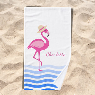 Pink flamingo sea waves name hand towel