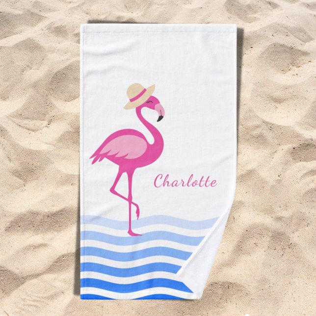 Pink flamingo sea waves name hand towel (Creator Uploaded)
