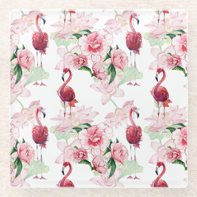 Pink Flamingo: Seamless Pattern Elegance Glass Coaster (Front)