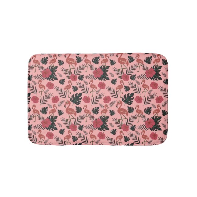Pink flamingo seamless pattern flowers and leaves bath mat (Front)
