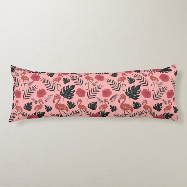 Pink flamingo seamless pattern flowers and leaves body cushion (Front)