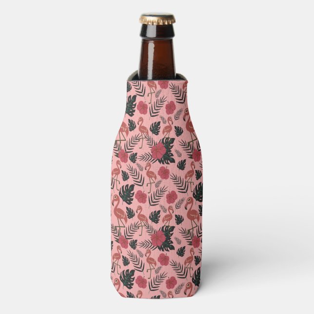 Pink flamingo seamless pattern flowers and leaves bottle cooler (Bottle Front)