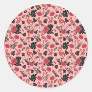 Pink flamingo seamless pattern flowers and leaves classic round sticker