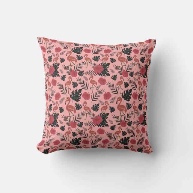 Pink flamingo seamless pattern flowers and leaves cushion (Front)