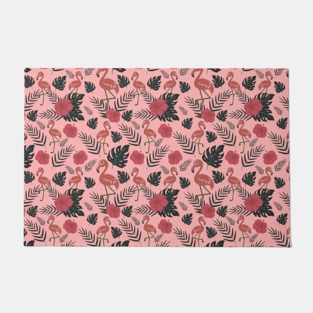 Pink flamingo seamless pattern flowers and leaves doormat (Front)