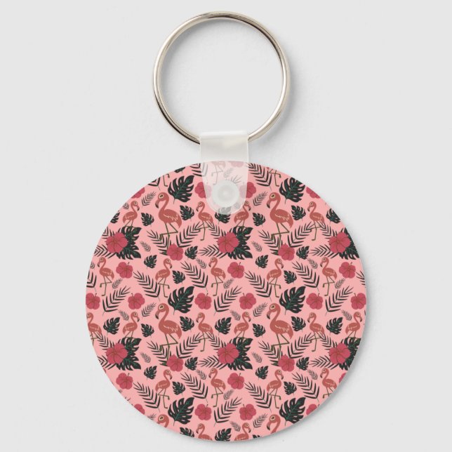 Pink flamingo seamless pattern flowers and leaves key ring (Front)