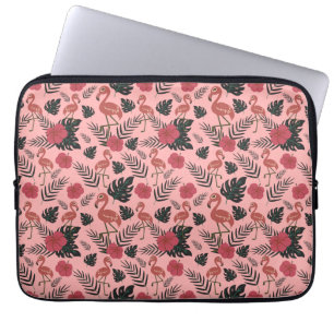 Pink flamingo seamless pattern flowers and leaves laptop sleeve