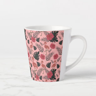 Pink flamingo seamless pattern flowers and leaves latte mug