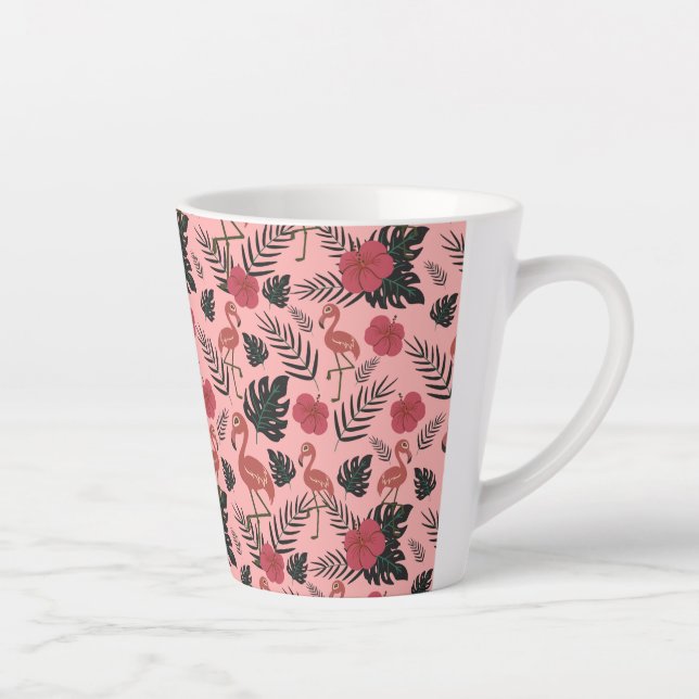Pink flamingo seamless pattern flowers and leaves latte mug (Right)
