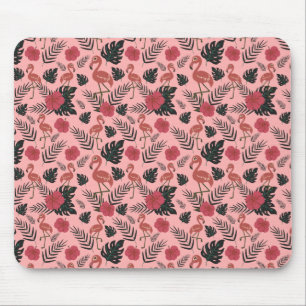 Pink flamingo seamless pattern flowers and leaves mouse pad