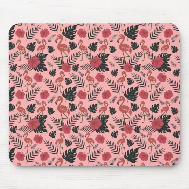Pink flamingo seamless pattern flowers and leaves mouse pad (Front)