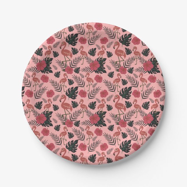 Pink flamingo seamless pattern flowers and leaves paper plate (Front)