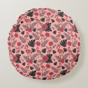 Pink flamingo seamless pattern flowers and leaves round cushion