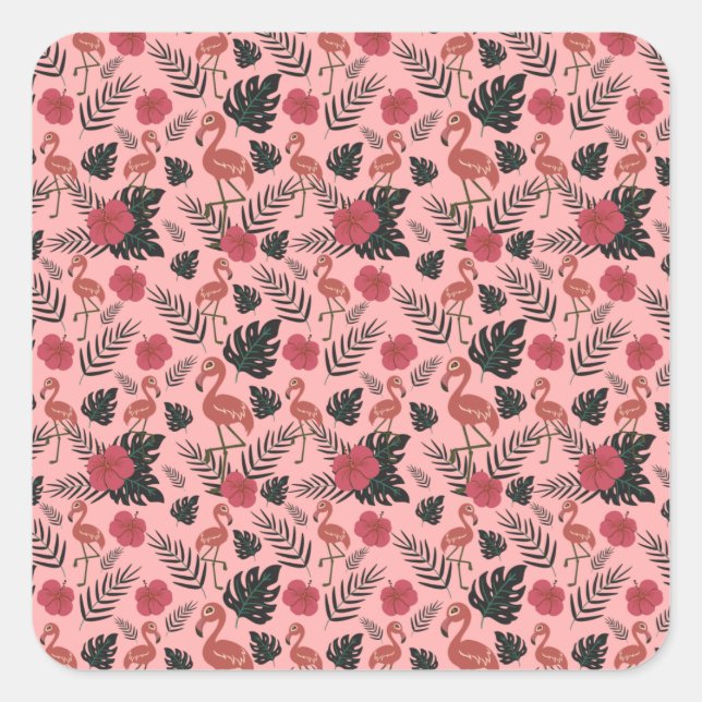 Pink flamingo seamless pattern flowers and leaves square sticker (Front)