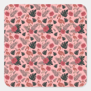 Pink flamingo seamless pattern flowers and leaves square sticker