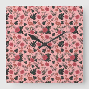 Pink flamingo seamless pattern flowers and leaves square wall clock