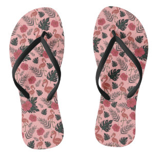 Pink flamingo seamless pattern flowers and leaves thongs