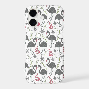 Pink flamingo seamless pattern flowers, leaves