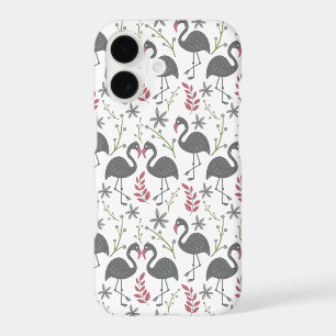 Pink flamingo seamless pattern flowers, leaves