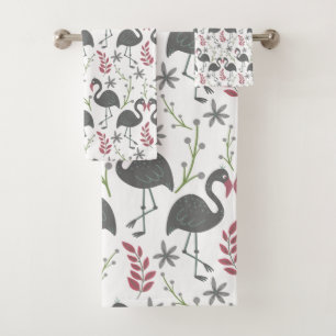 Pink flamingo seamless pattern flowers, leaves bath towel set
