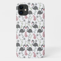 Pink flamingo seamless pattern flowers, leaves
