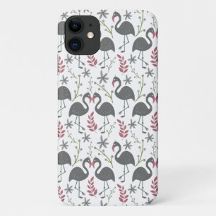Pink flamingo seamless pattern flowers, leaves iPhone 11 case