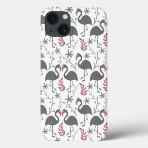 Pink flamingo seamless pattern flowers, leaves iPhone 13 case