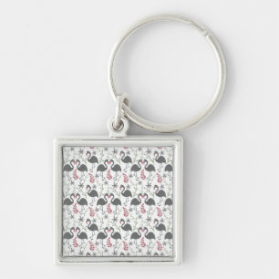 Pink flamingo seamless pattern flowers, leaves key ring