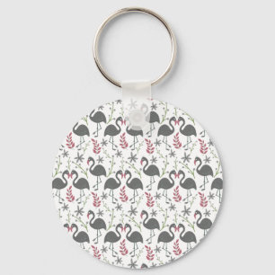 Pink flamingo seamless pattern flowers, leaves key ring