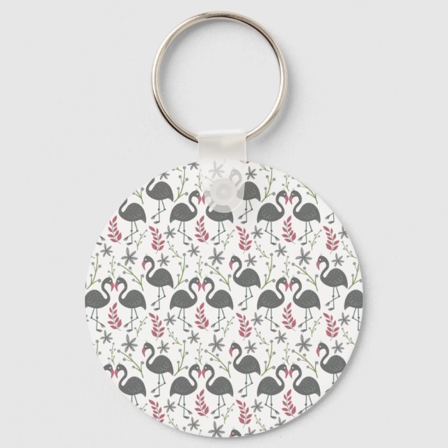 Pink flamingo seamless pattern flowers, leaves key ring (Front)
