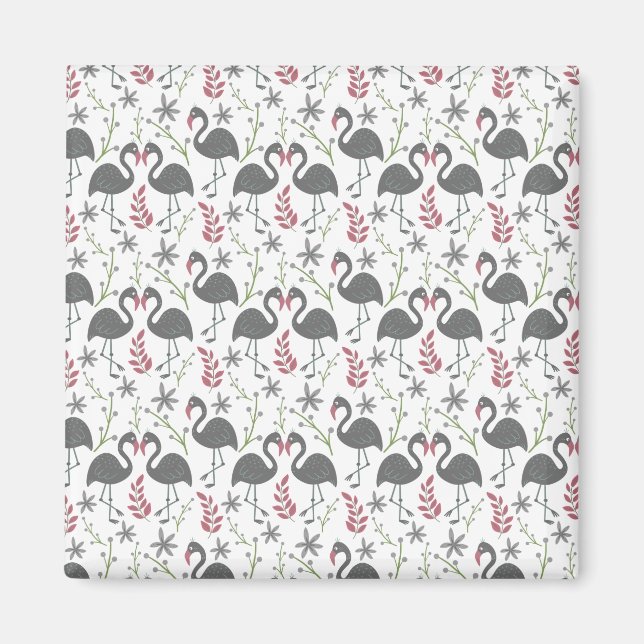 Pink flamingo seamless pattern flowers, leaves magnet (Front)