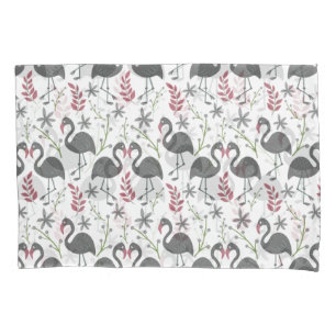 Pink flamingo seamless pattern flowers, leaves pillowcase