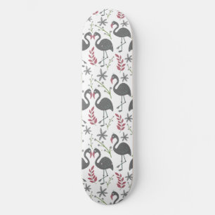 Pink flamingo seamless pattern flowers, leaves skateboard