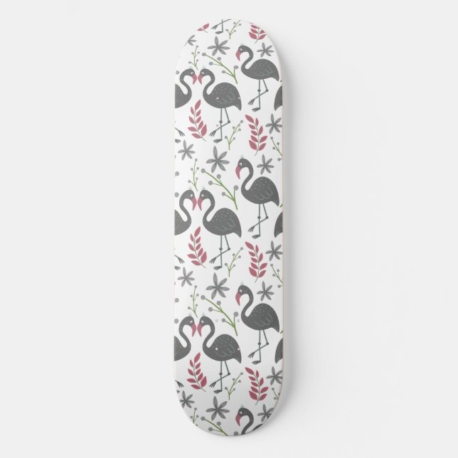 Pink flamingo seamless pattern flowers, leaves skateboard (Front)