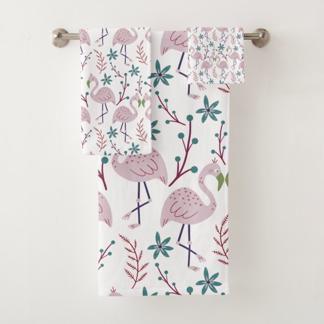 Pink flamingo seamless pattern on white background bath towel set (Insitu)