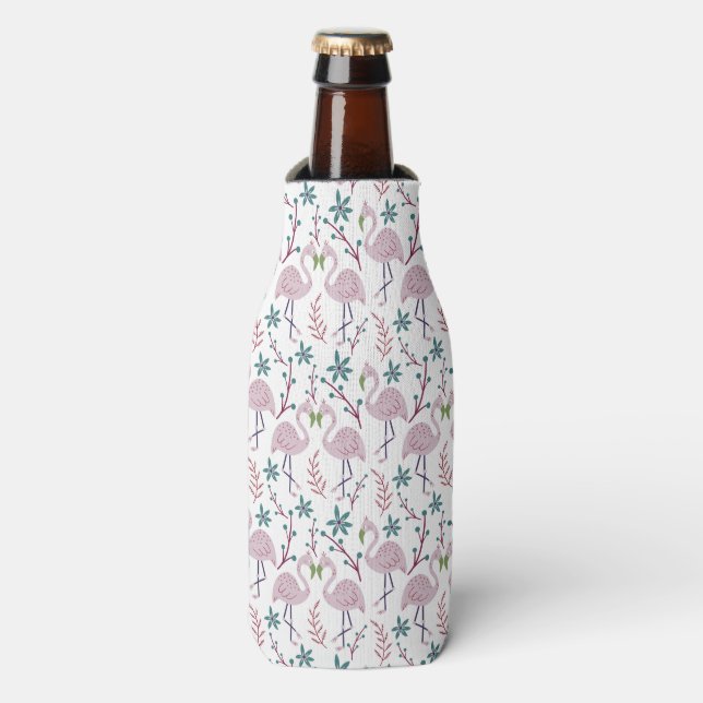 Pink flamingo seamless pattern on white background bottle cooler (Bottle Front)