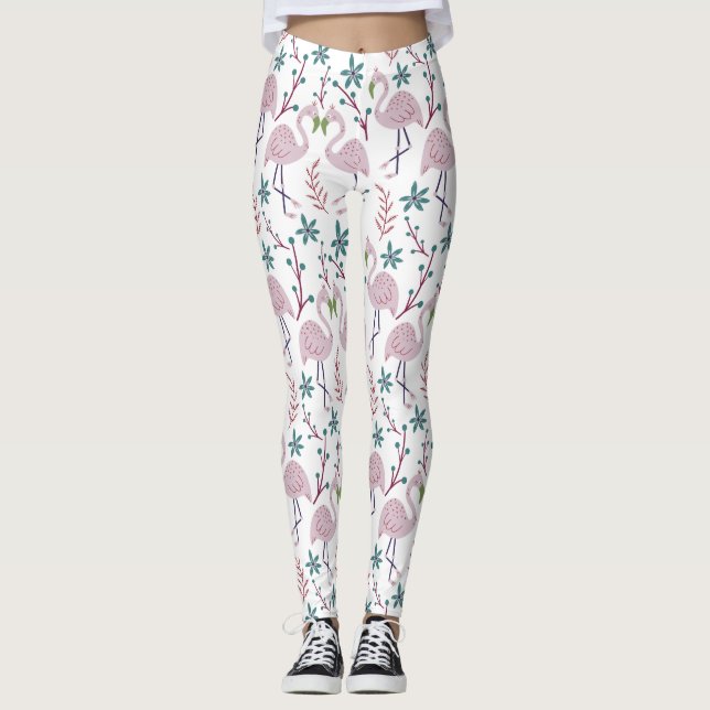 Pink flamingo seamless pattern on white background leggings (Front)