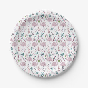 Pink flamingo seamless pattern on white background paper plate