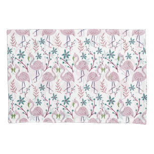 Pink flamingo seamless pattern on white background pillowcase