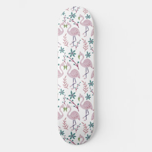 Pink flamingo seamless pattern on white background skateboard