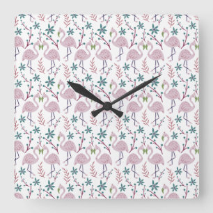 Pink flamingo seamless pattern on white background square wall clock
